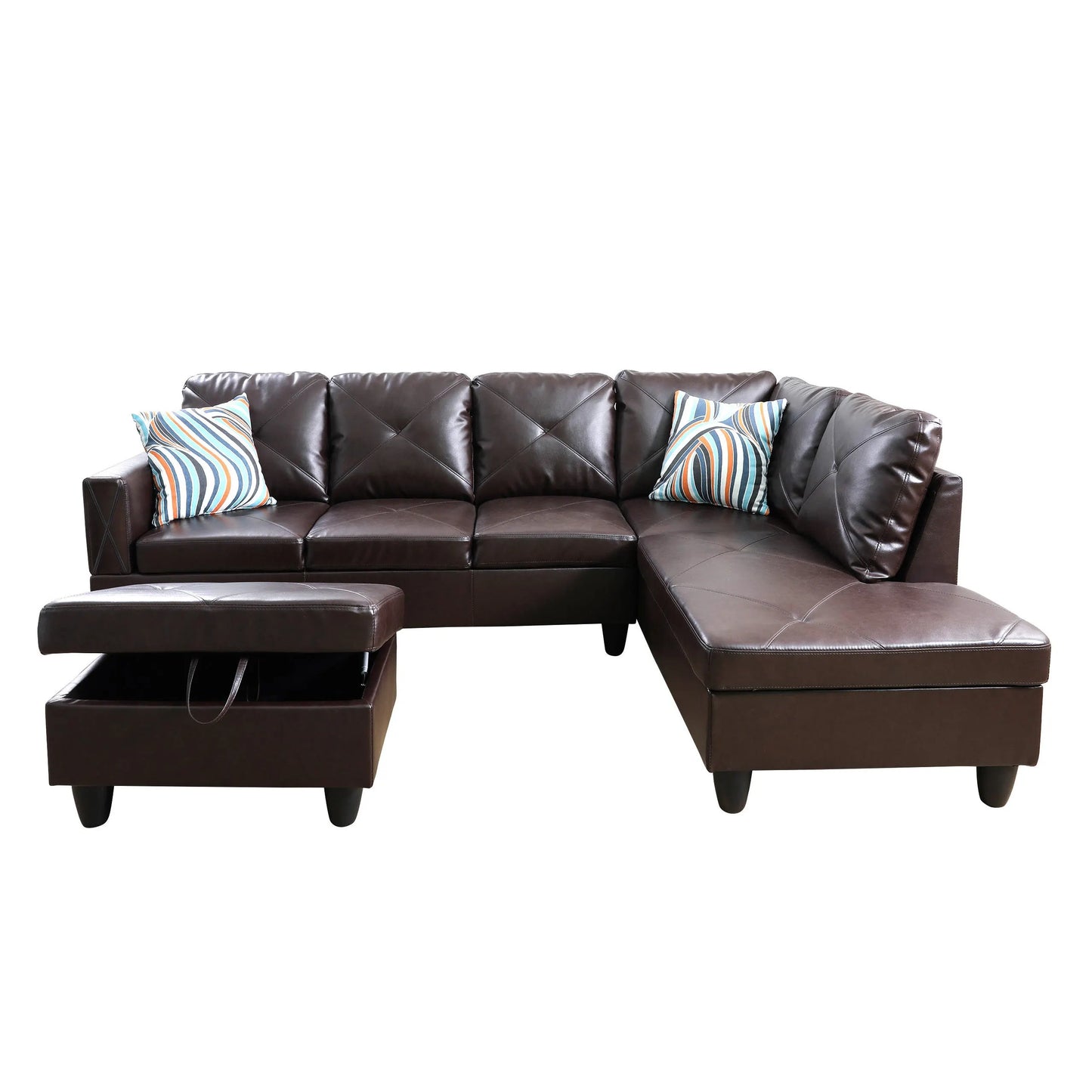 97" Wide Brown Faux Leather L-Shaped Living Room Sectional Sofa Set — image 5