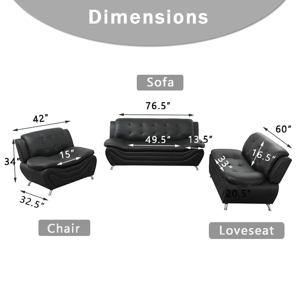 Ainehome Black Faux Leather 3-Piece Living Room Sofa Set with Elegant Design