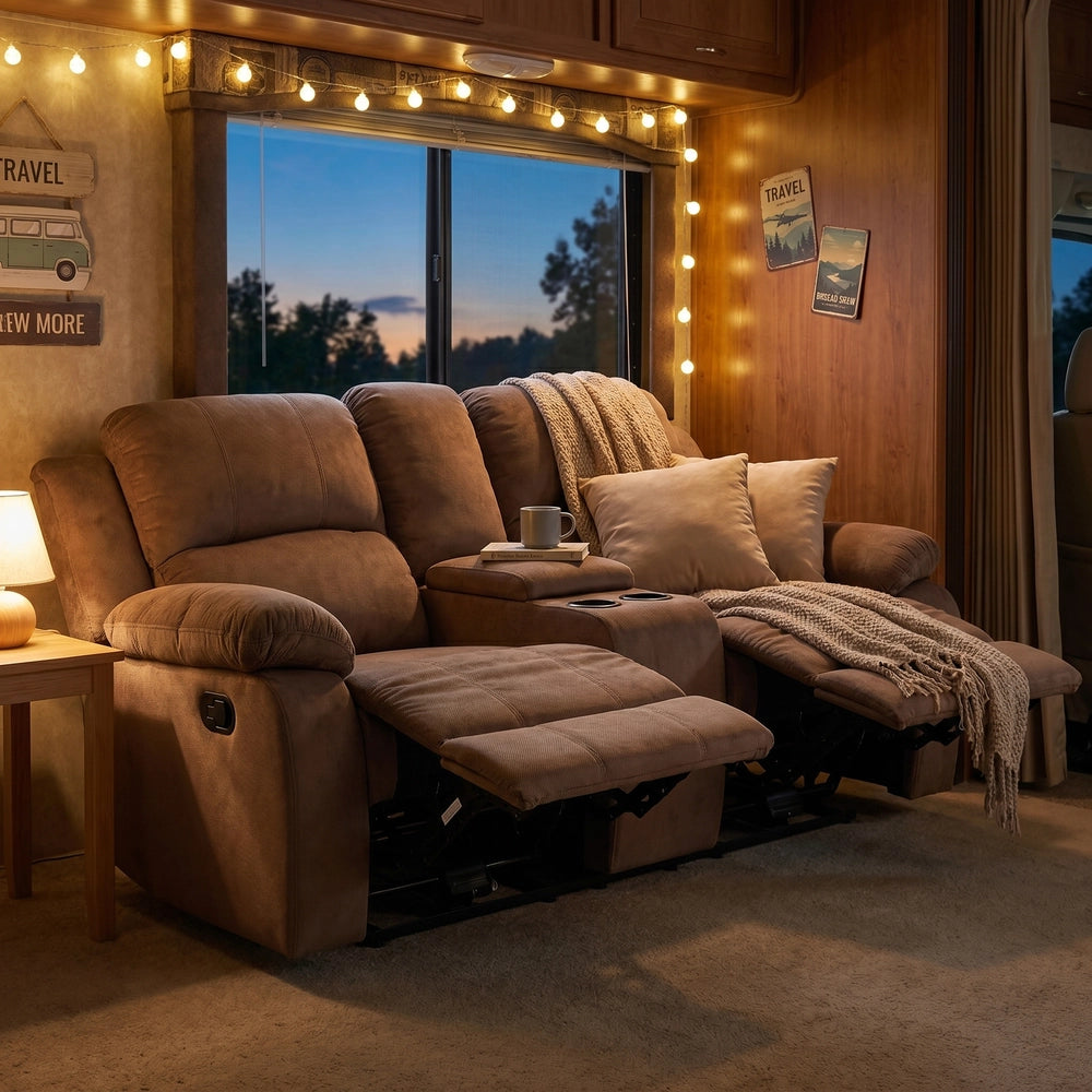 Ainehome 68" Manual RV Loveseat Recliner with Storage Console - Breathable Tech-Fabric Motorhome Sofa Replacement - 67" Full Extension & 26" Door Friendly - Brown
