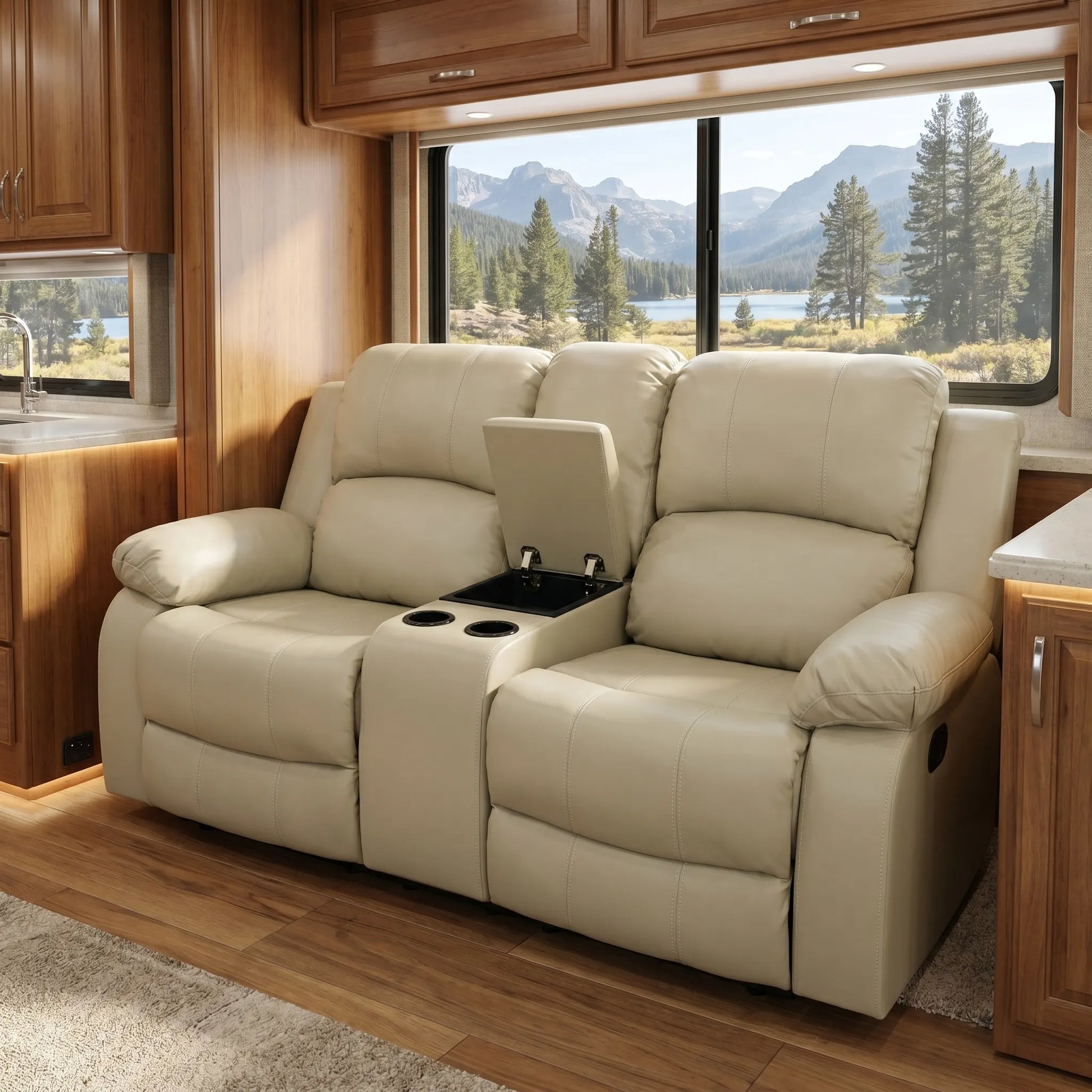68" Manual RV Loveseat Recliner with Storage Console - Breathable Synthetic Leather Motorhome Sofa Replacement - 67" Full Extension & 26" Door Friendly - Walnut Brown
