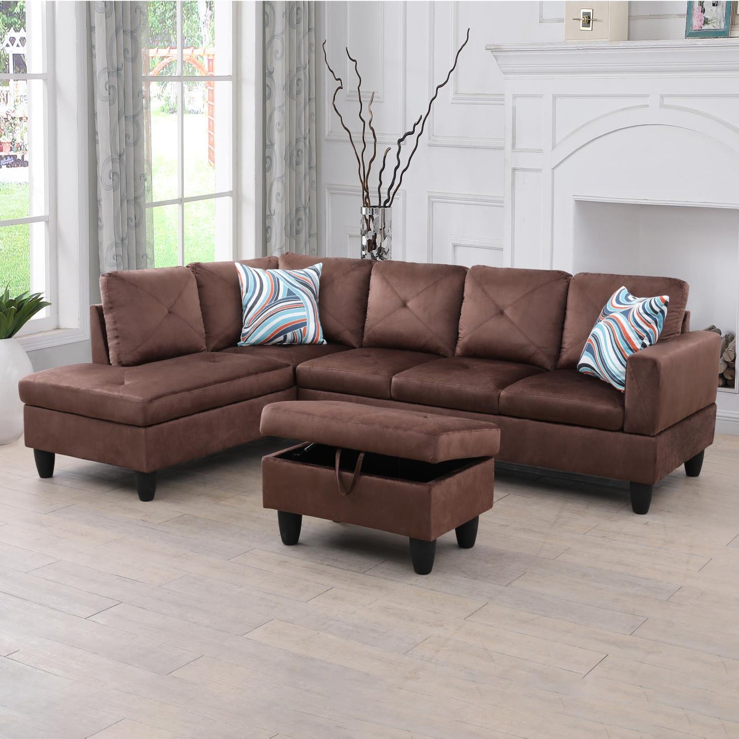 97" Wide Brown Microfiber L-Shaped Living Room Sectional Sofa Set — image 1