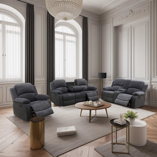 Cinema 3-Piece Textured Dark Grey Corduroy Reclining Sofa Set