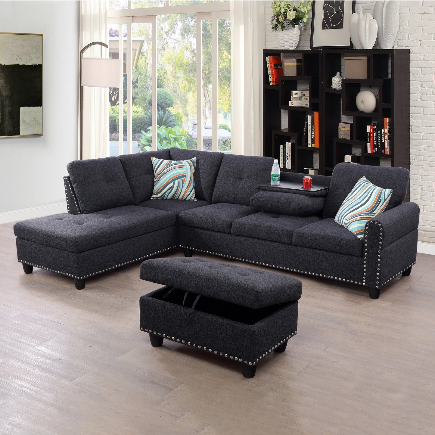 97.5" Wide Black Grey Linen L-Shaped Living Room Sectional Sofa Set