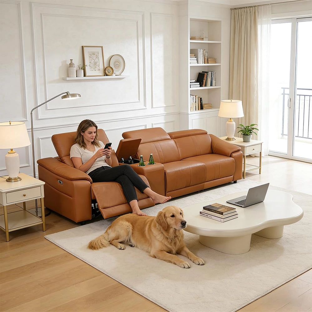 Ainehome Light Brown Leather 5-Seater Modular Power Reclining Sectional Sofa Set with Smart Storage & USB
