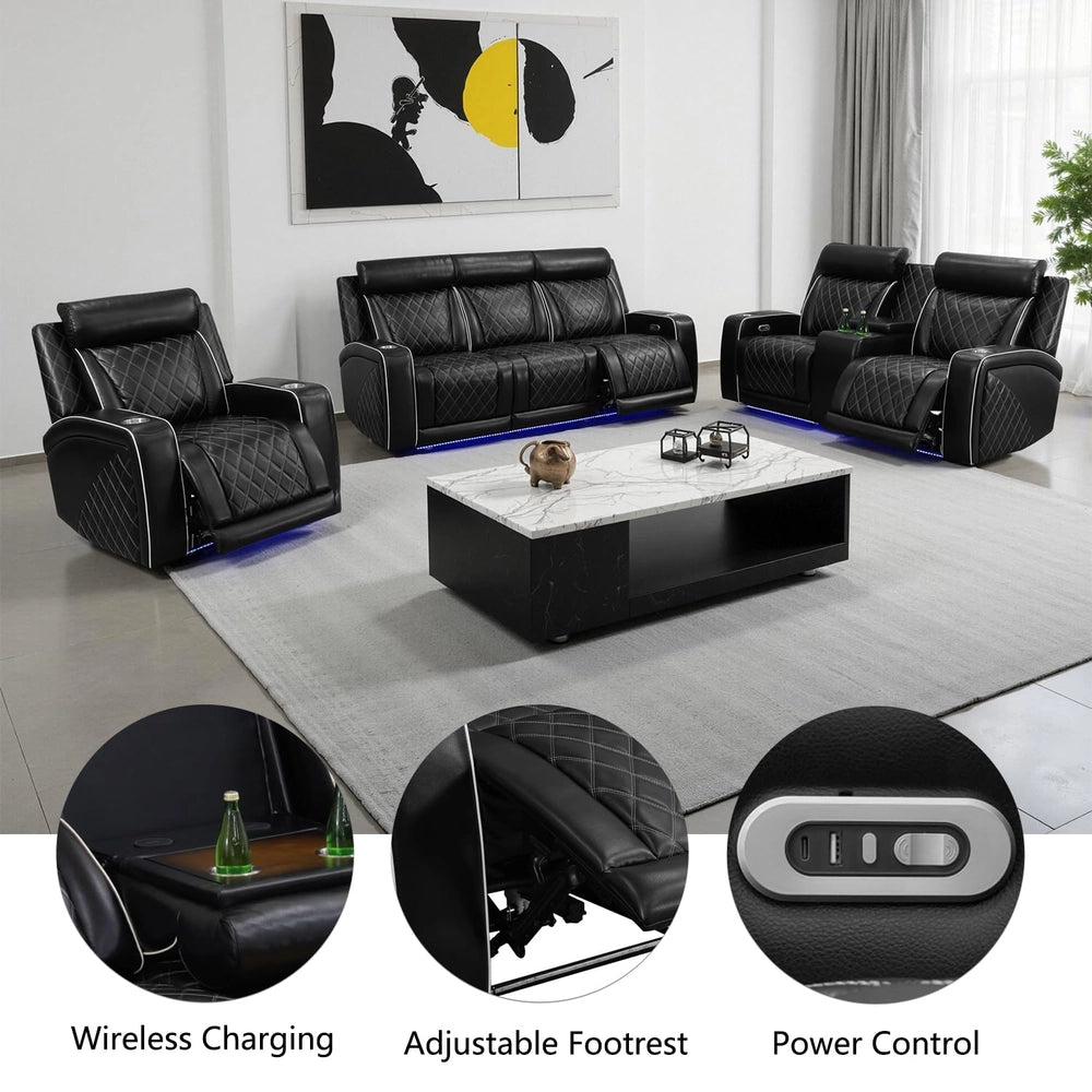 Ainehome Black Leather 5-Seater Power Reclining Sofa Set with Reading Lights & Hidden Storage