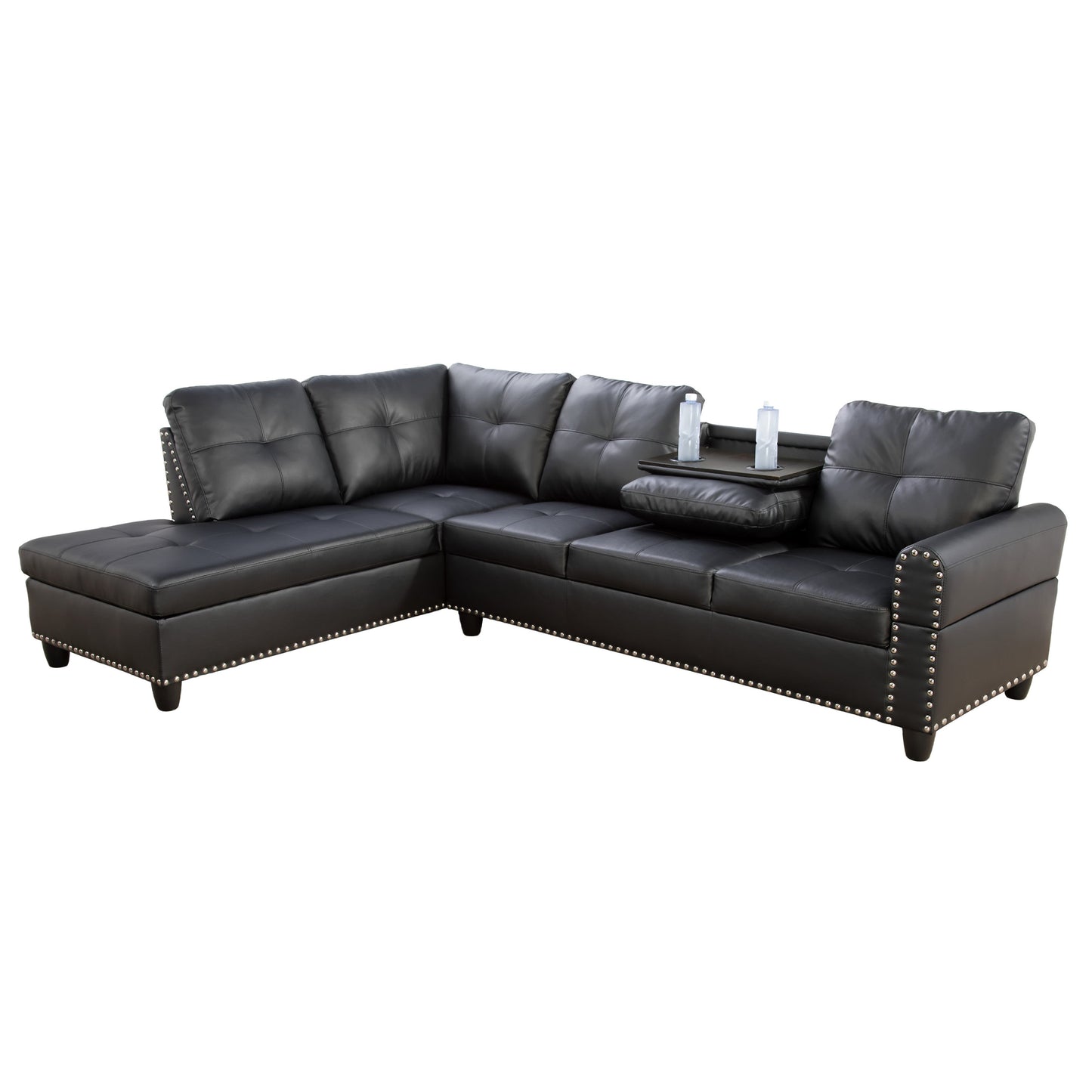 97.5" Wide Black Synthetic Leather L-Shaped Living Room Sectional Sofa Set