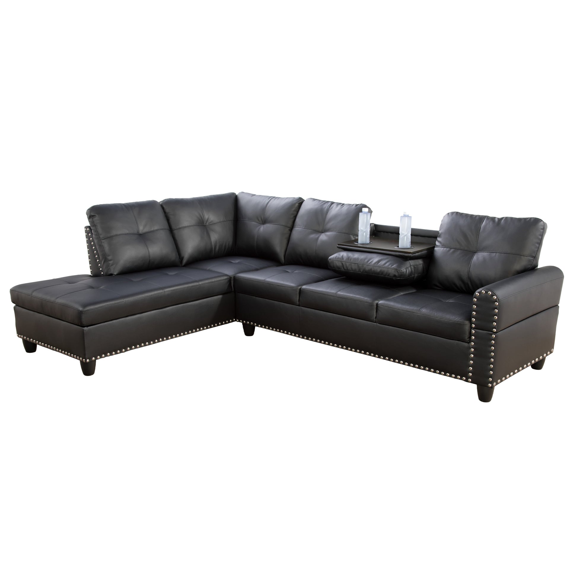 97.5" Wide Black Synthetic Leather L-Shaped Living Room Sectional Sofa Set