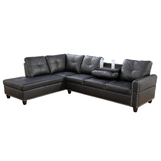 97.5" Wide Black Synthetic Leather L-Shaped Living Room Sectional Sofa Set