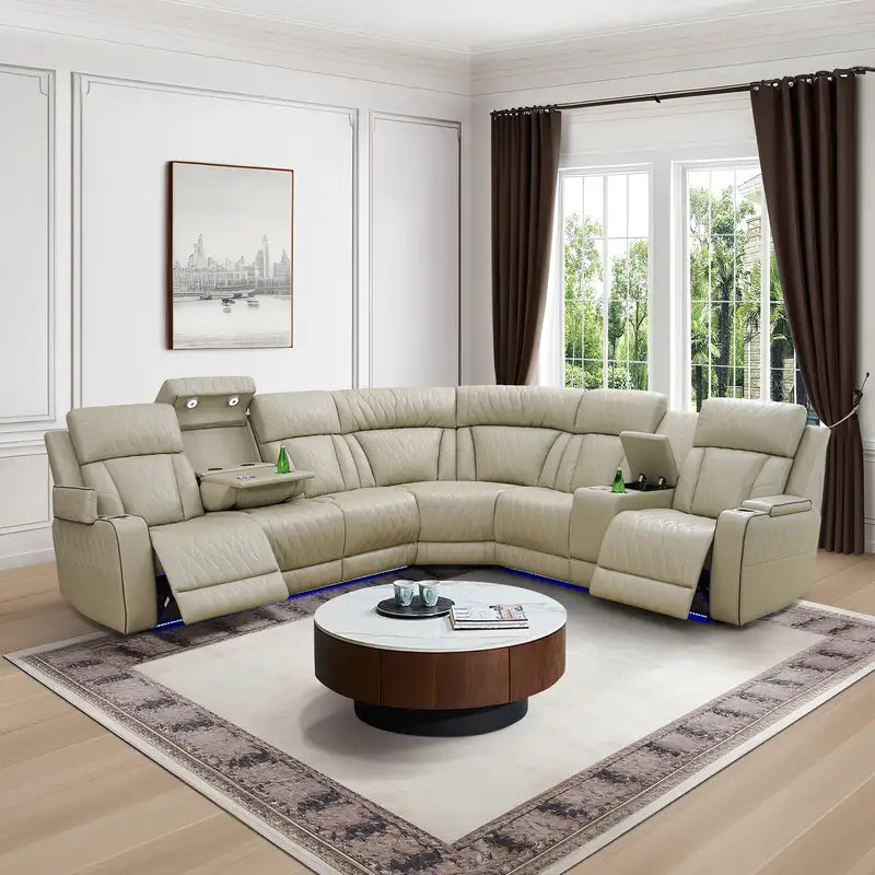 Ainehome Beige Leather Power Reclining Sectional Sofa with Reading Lamp
