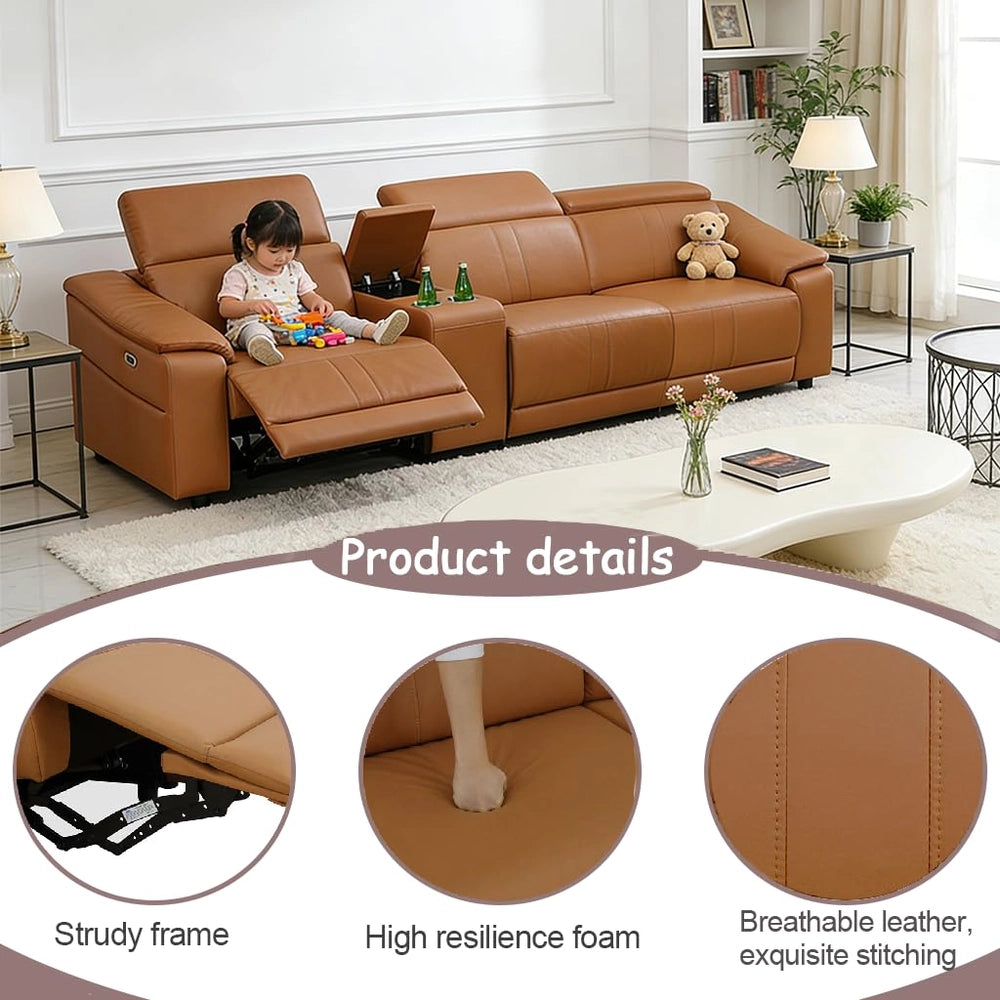 Ainehome Light Brown Leather 5-Seater Modular Power Reclining Sectional Sofa Set with Smart Storage & USB