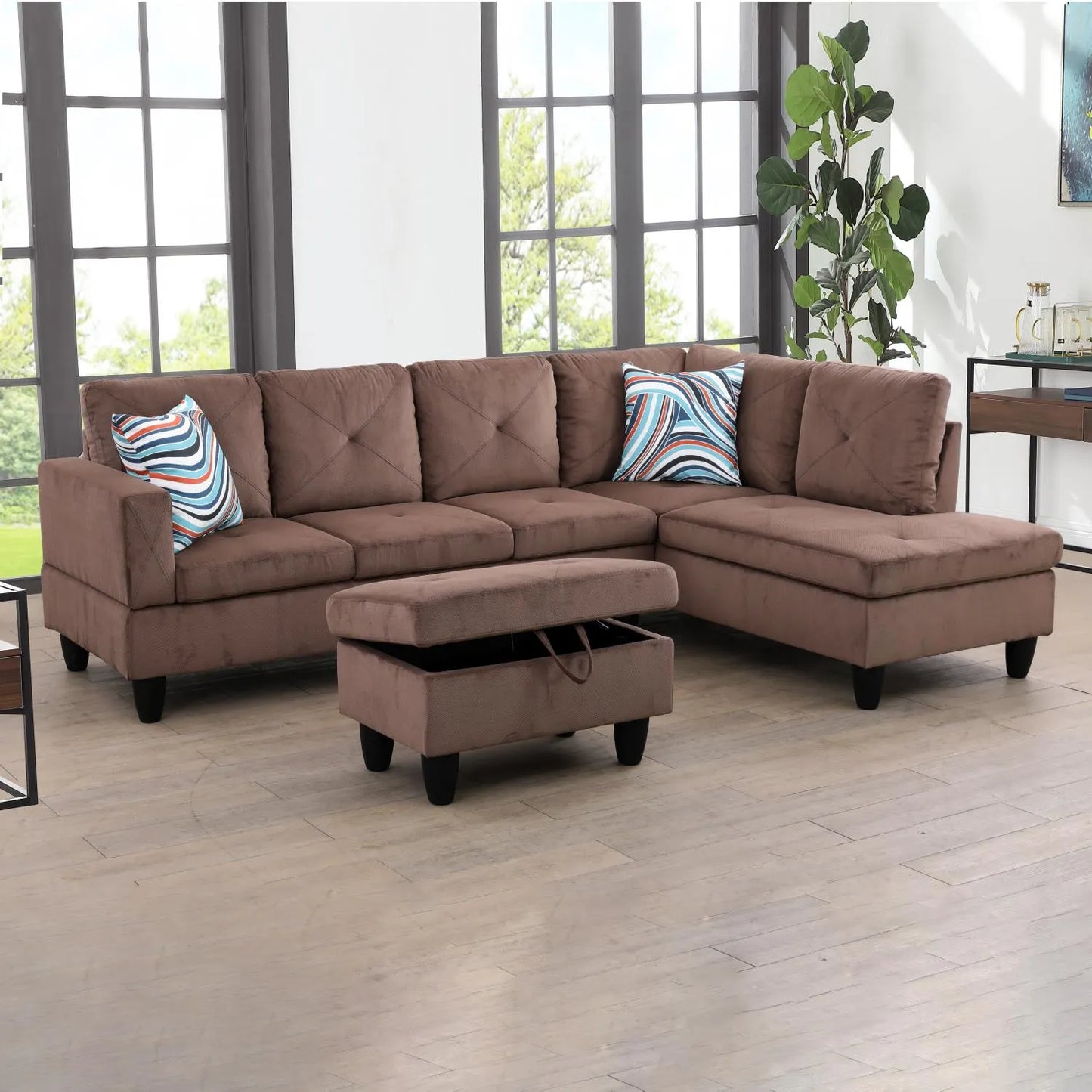 97" Wide Brown Corduroy L-Shaped Living Room Sectional Sofa Set — image 3