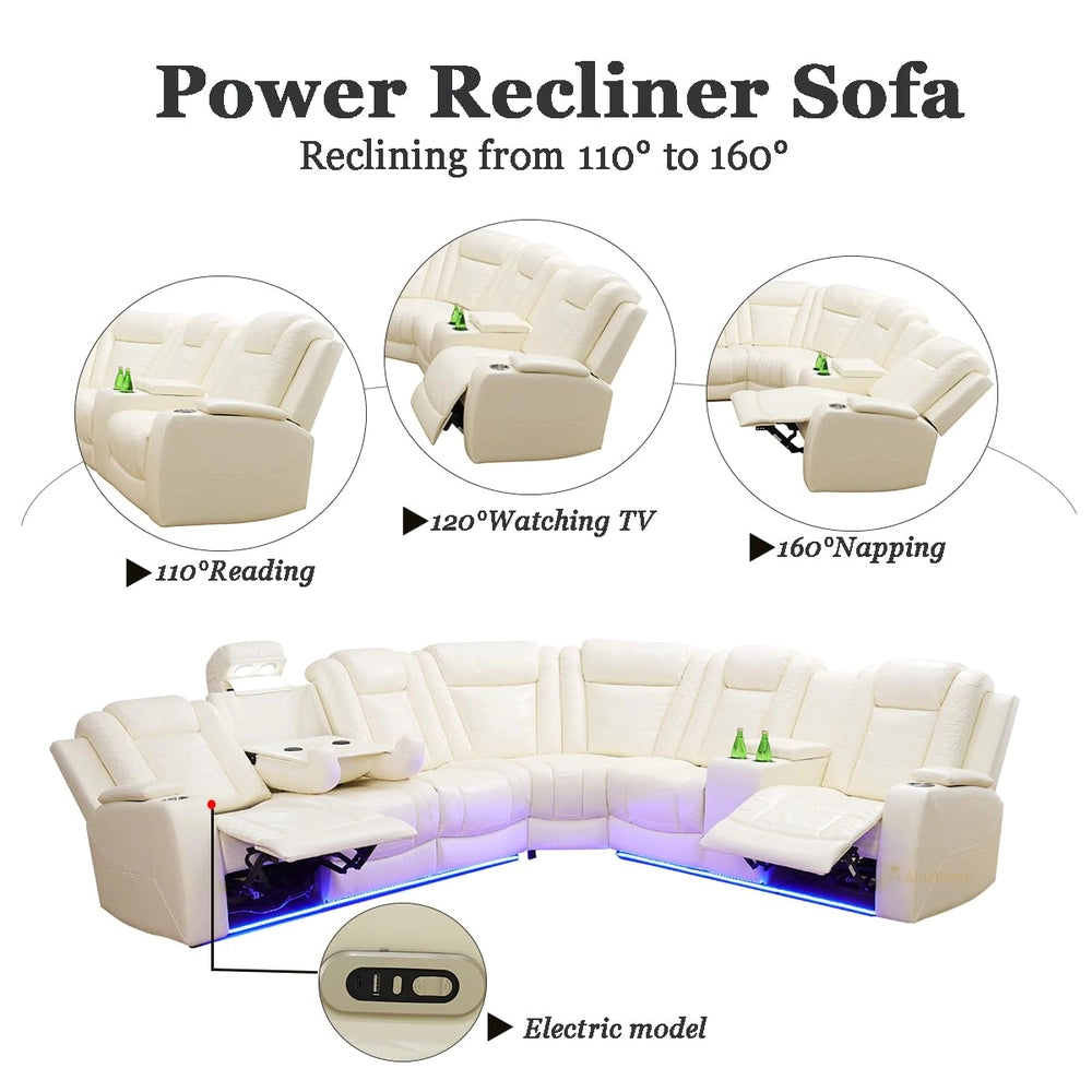 Ainehome Off-White Leather Power Reclining Sectional Sofa with Smart Tea Table & Organizer