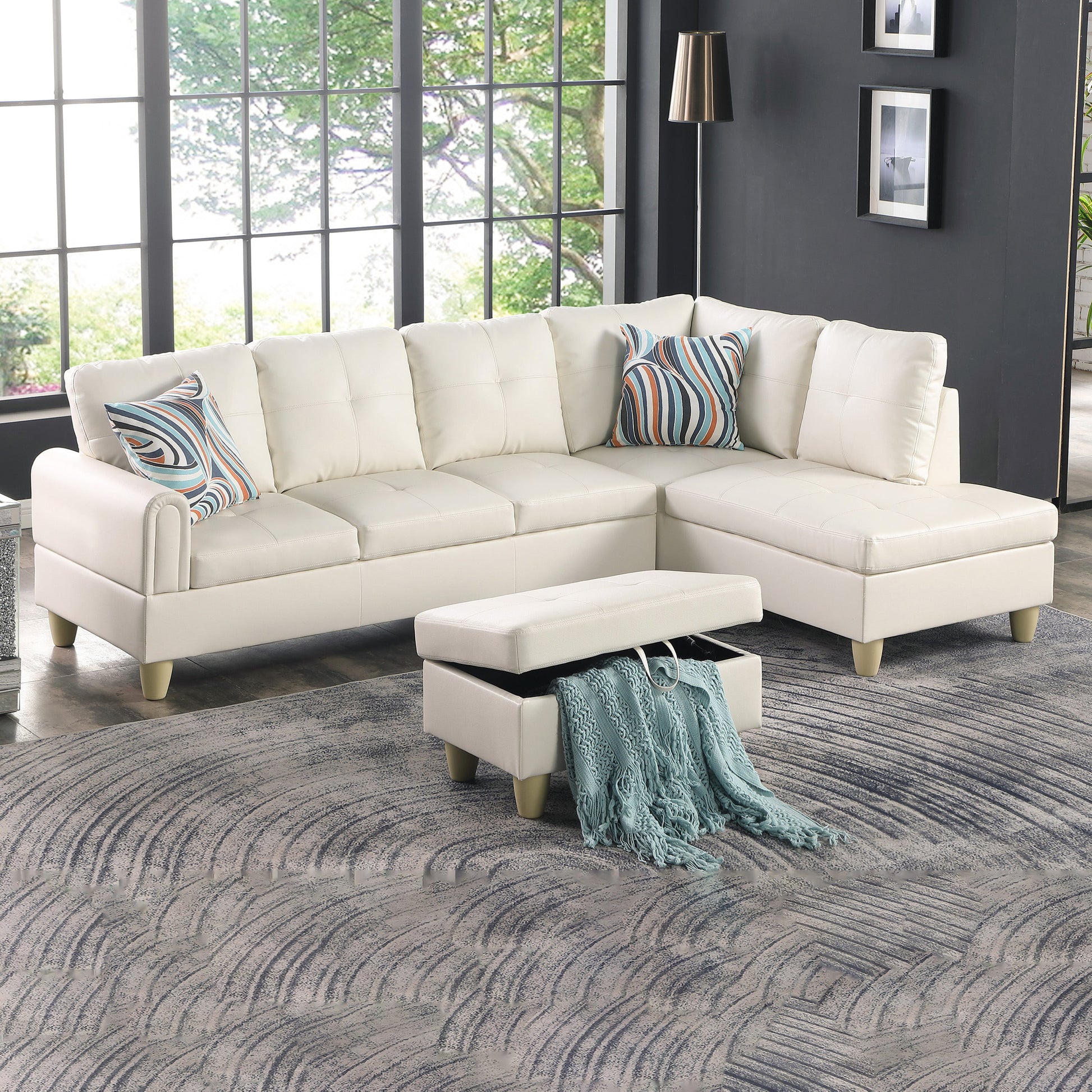 97" Wide Peaerl White Faux Leather L-Shaped Living Room Sectional Sofa Set