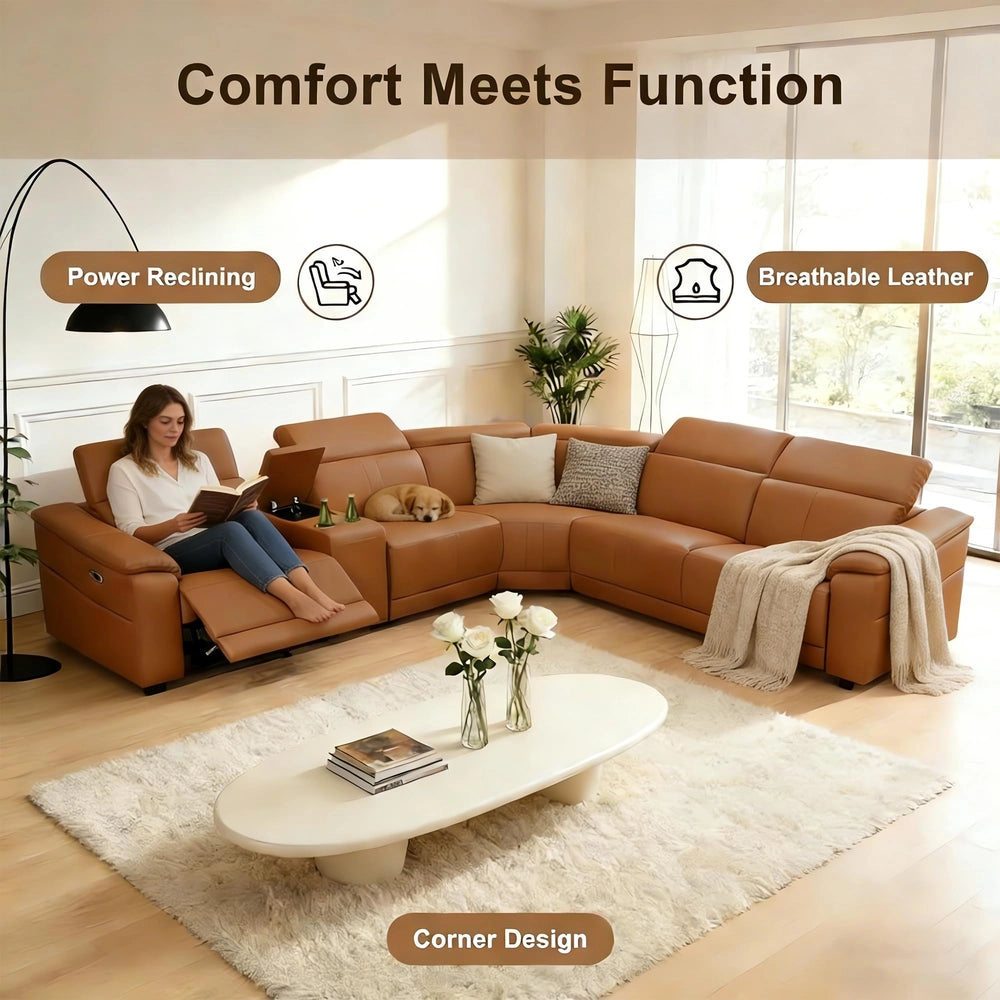 Ainehome Light Brown Leather 5-Seater Modular Power Reclining Sectional Sofa Set with Smart Storage & USB