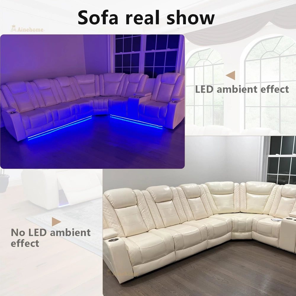 Ainehome Off-White Leather Power Reclining Sectional Sofa with Smart Tea Table & Organizer
