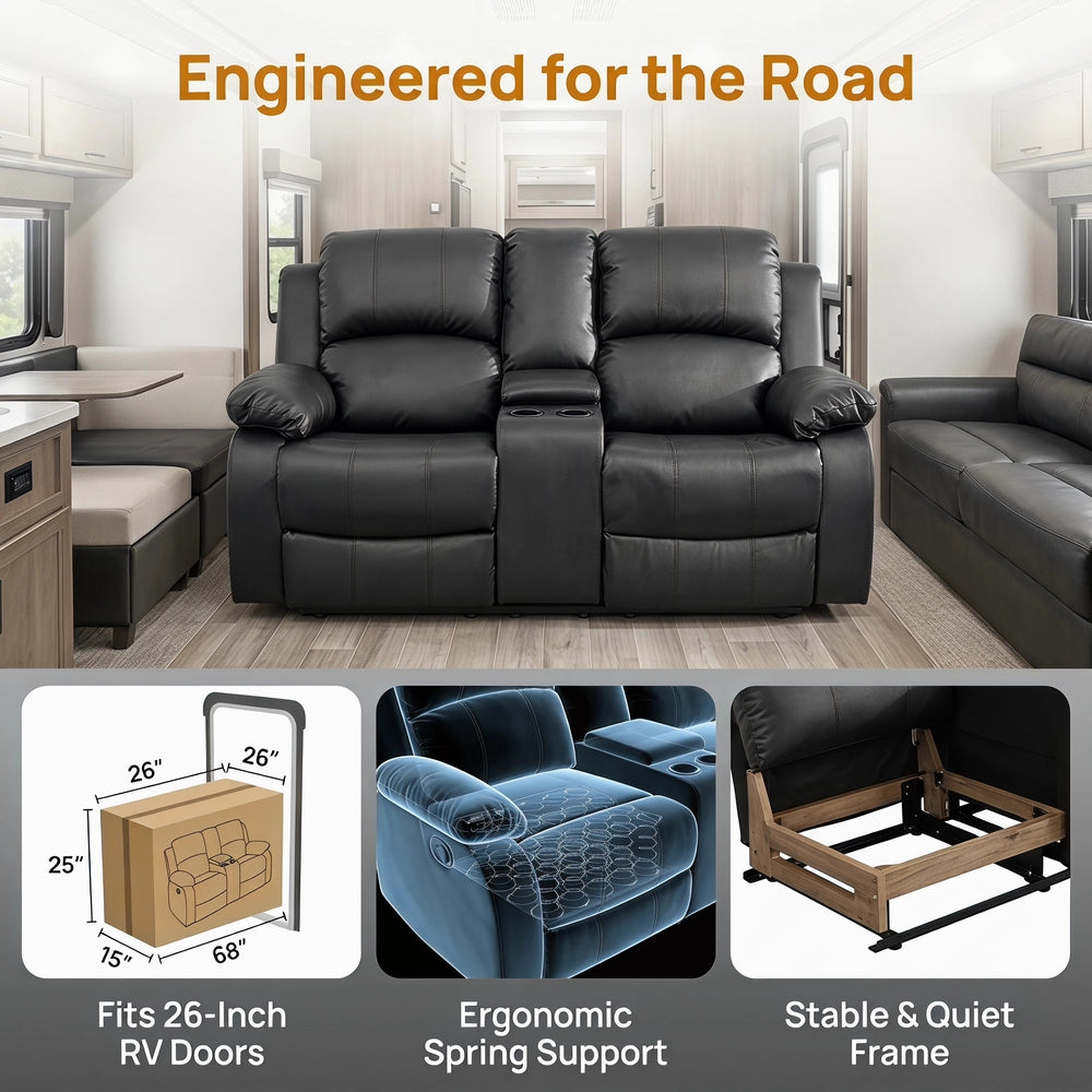 Ainehome 68" Manual RV Loveseat Recliner with Storage Console - Breathable Synthetic Leather Motorhome Sofa Replacement - 67" Full Extension & 26" Door Friendly - Walnut Brown