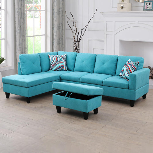 97" Wide Sky Blue Flannel L-Shaped Living Room Sectional Sofa Set — image 1