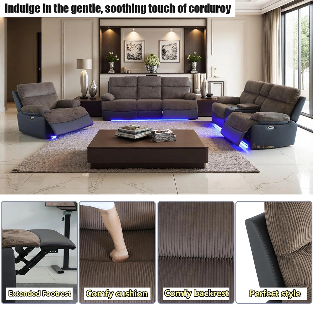 Brown Corduroy Power Reclining Sofa Set with LED Lights, USB Charging & Storage Console - 3 Piece Living Room Set