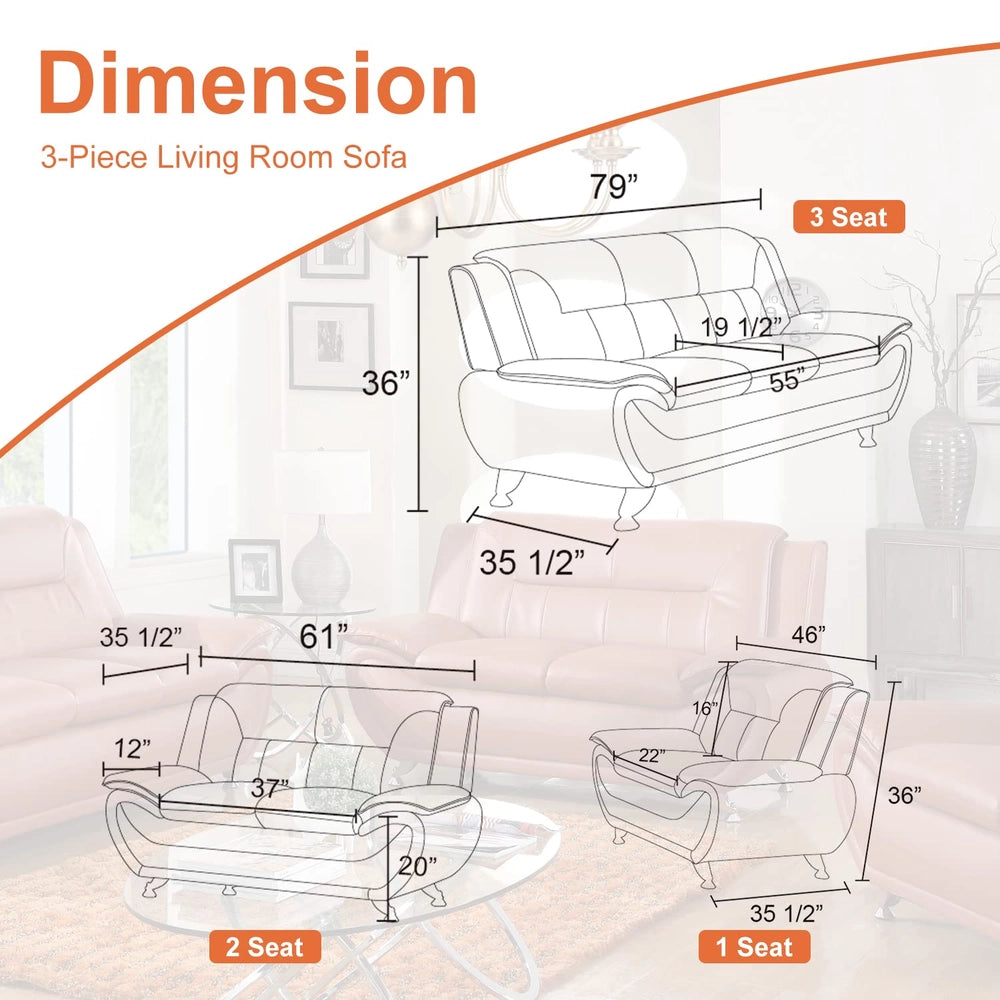 Ainehome Orange Faux Leather 3-Piece Combo Sofa and Chair Set