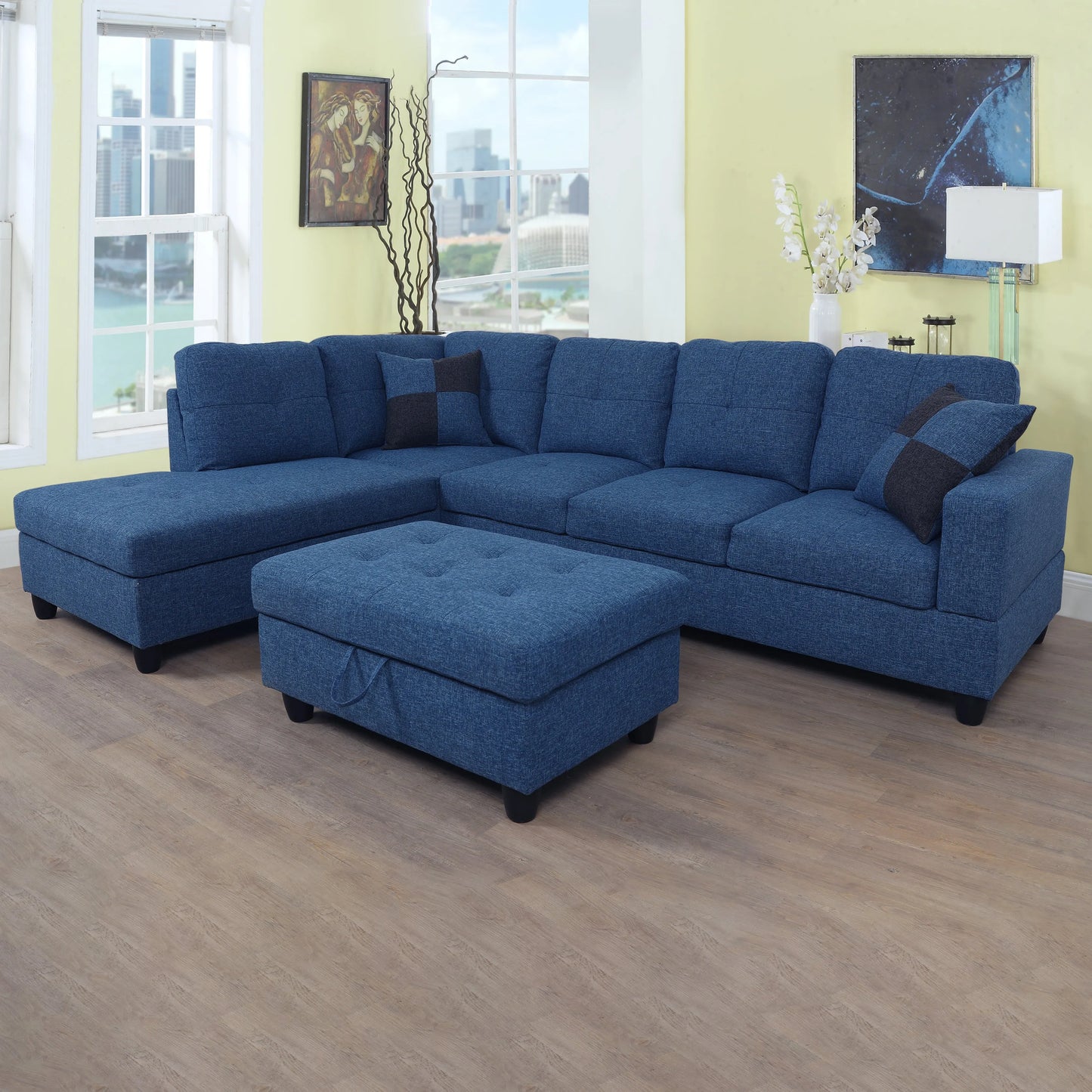 103.5-inch Blue linen L-shaped sectional sofa set — image 1