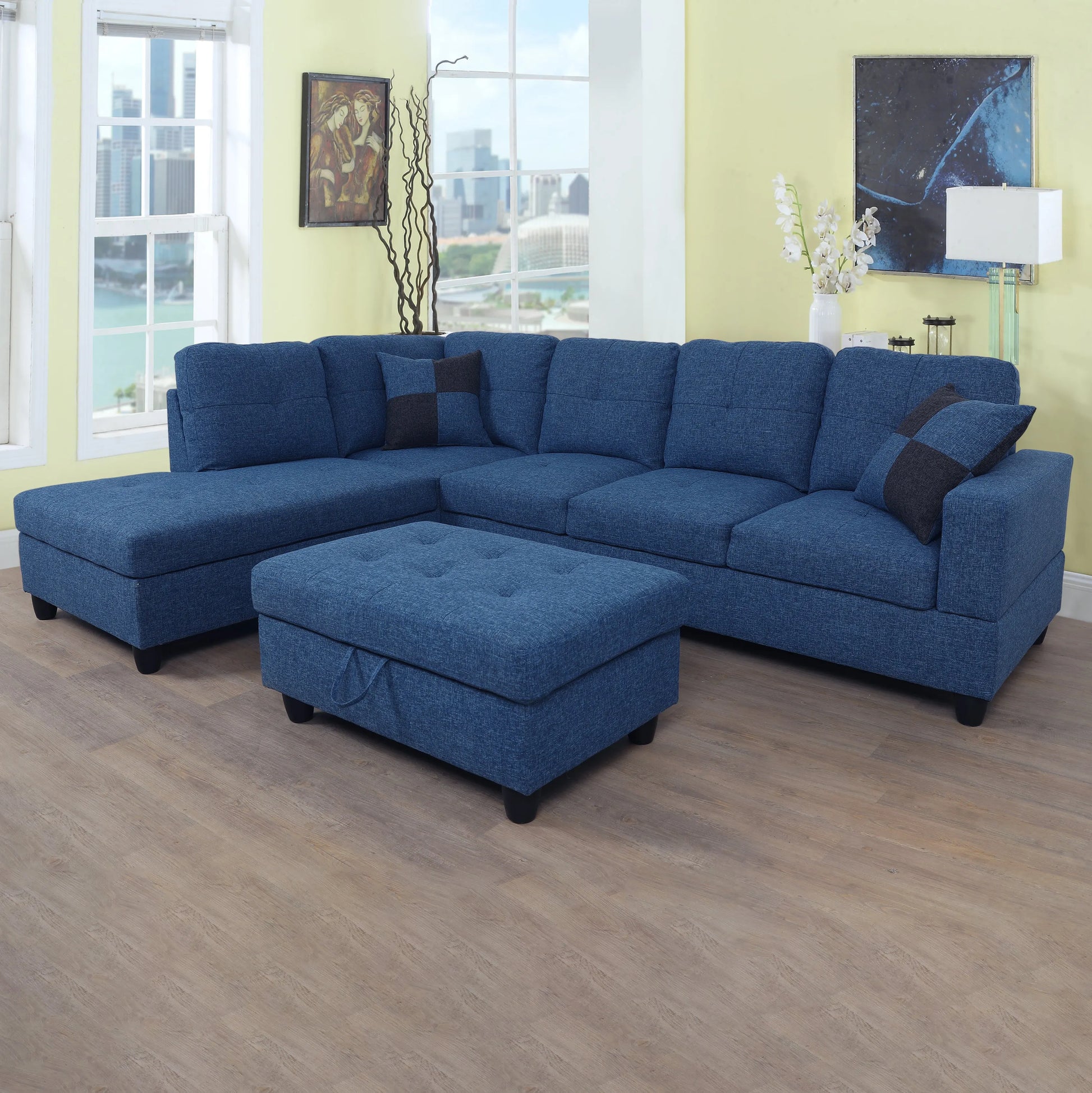 103.5-inch Blue linen L-shaped sectional sofa set — image 1