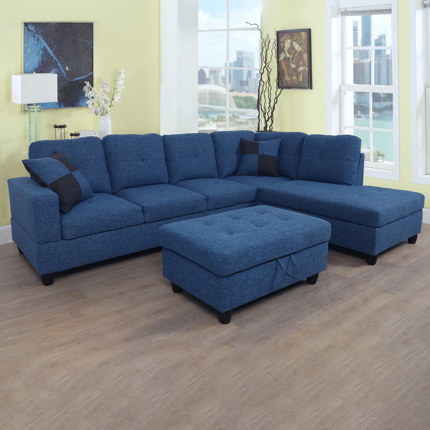 103.5-inch Blue linen L-shaped sectional sofa set — image 3