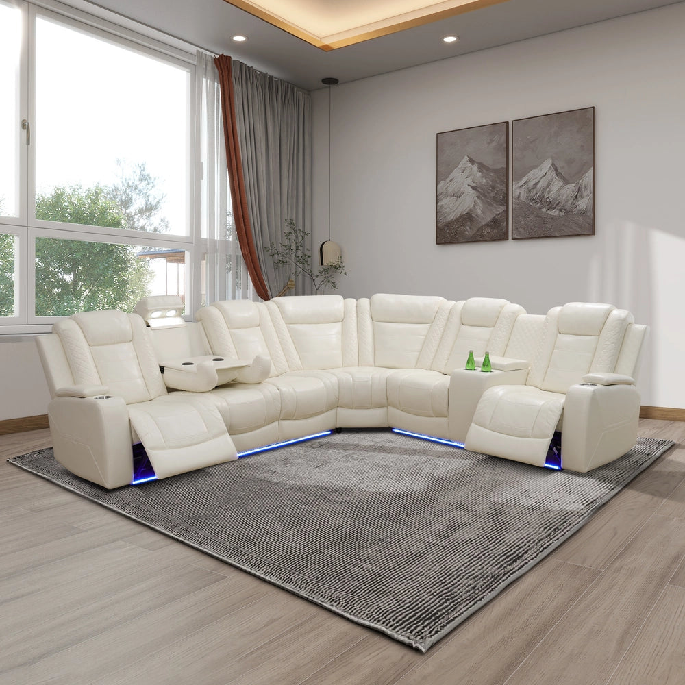 Ainehome Off-White Leather Power Reclining Sectional Sofa with Smart Tea Table & Organizer