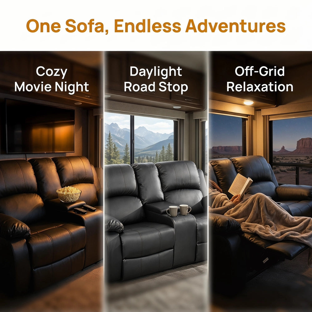 Ainehome 68" Manual RV Loveseat Recliner with Storage Console - Breathable Synthetic Leather Motorhome Sofa Replacement - 67" Full Extension & 26" Door Friendly - Walnut Brown