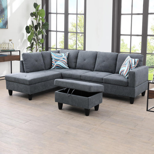 97" Wide Dark Grey Flannelette L-Shaped Living Room Sectional Sofa Set