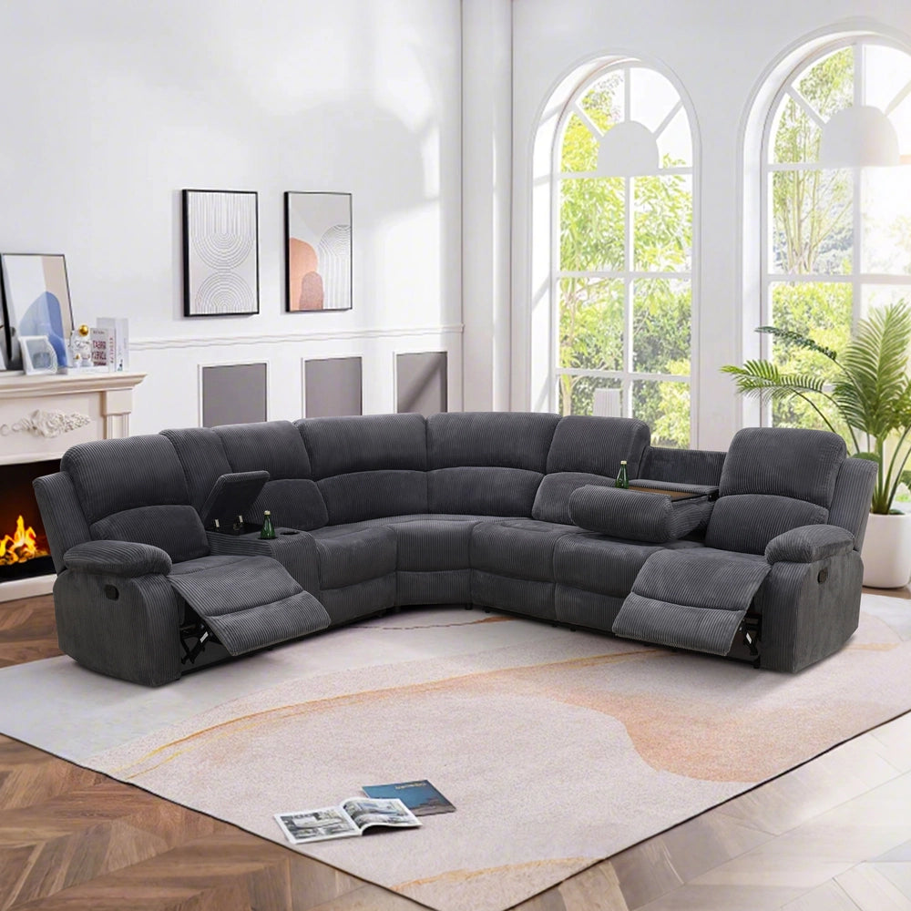 Ainehome Grandview 5-Seat Reclining Sectional Sofa in Dark Grey Corduroy