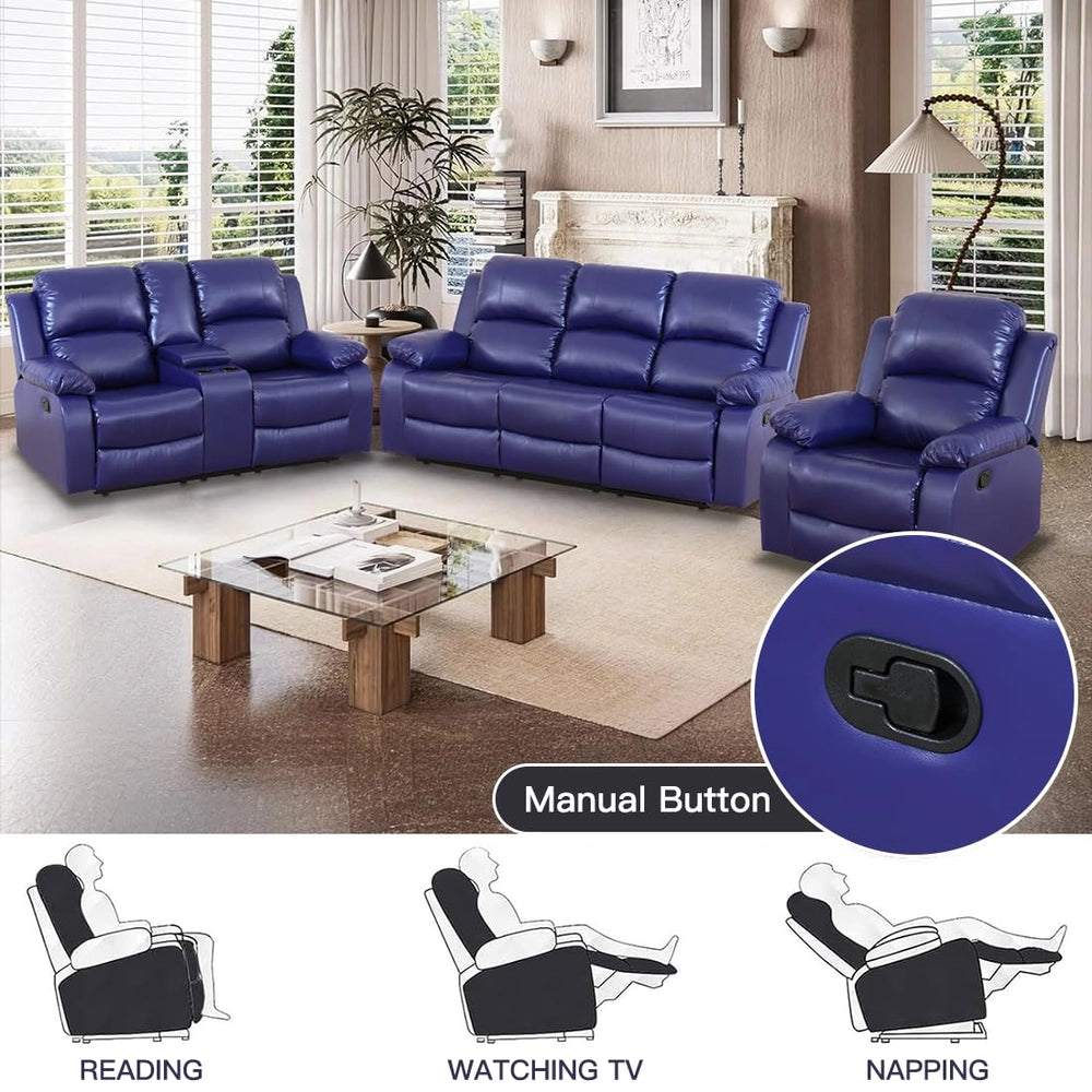 Ainehome Cinema 3-Piece Dark Blue Fabric Manual Reclining Sofa Set