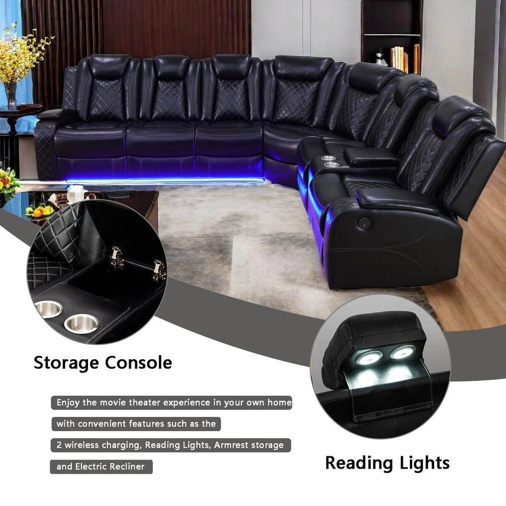 Ainehome Black Leather Power Reclining Sofa Set with Smart Storage & Wireless Charging