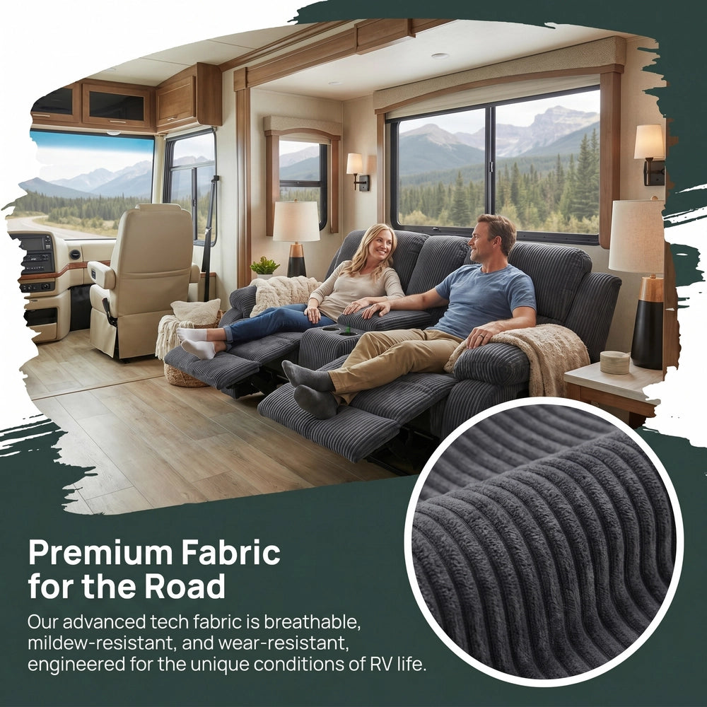 Ainehome 68" Manual RV Loveseat Recliner with Storage Console - Breathable & Mold-Proof Fabric Replacement Sofa for Class A, C Motorhomes and Travel Trailers - Dark Grey