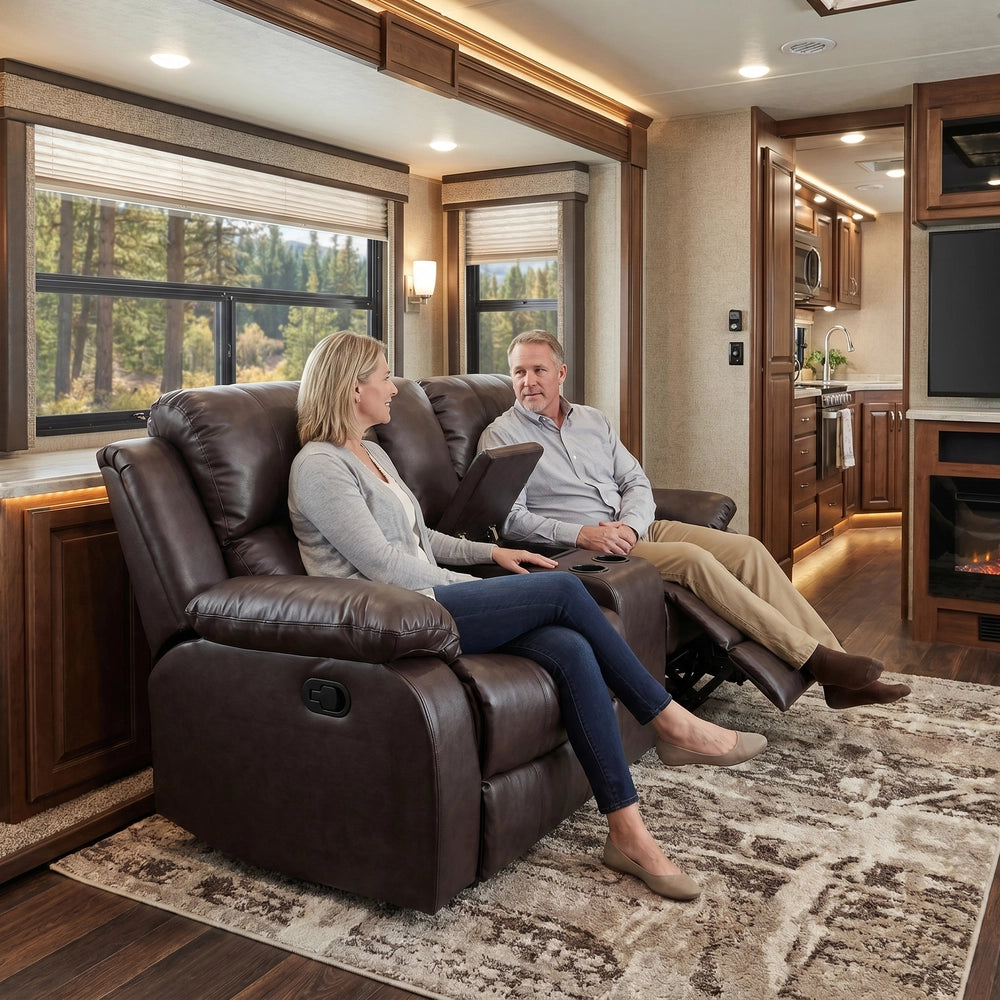 68" Manual RV Loveseat Recliner with Storage Console - Breathable Synthetic Leather Motorhome Sofa Replacement - 67" Full Extension & 26" Door Friendly - Walnut Brown