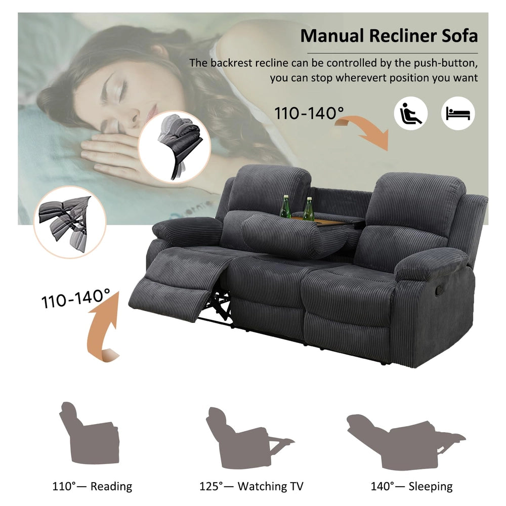 Ainehome Cinema 3-Piece Textured Dark Grey Corduroy Reclining Sofa Set