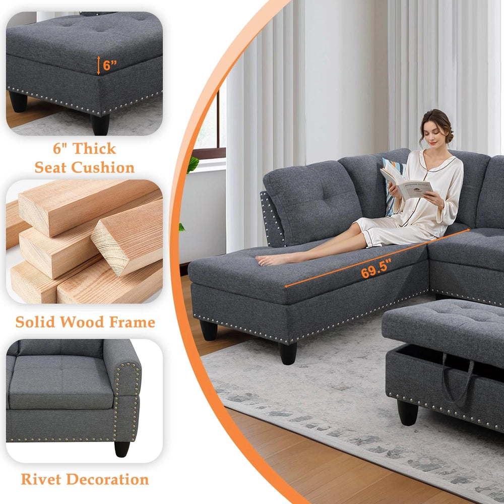 Ainehome 97.5" Wide Grey Linen L-Shaped Living Room Sectional Sofa Set