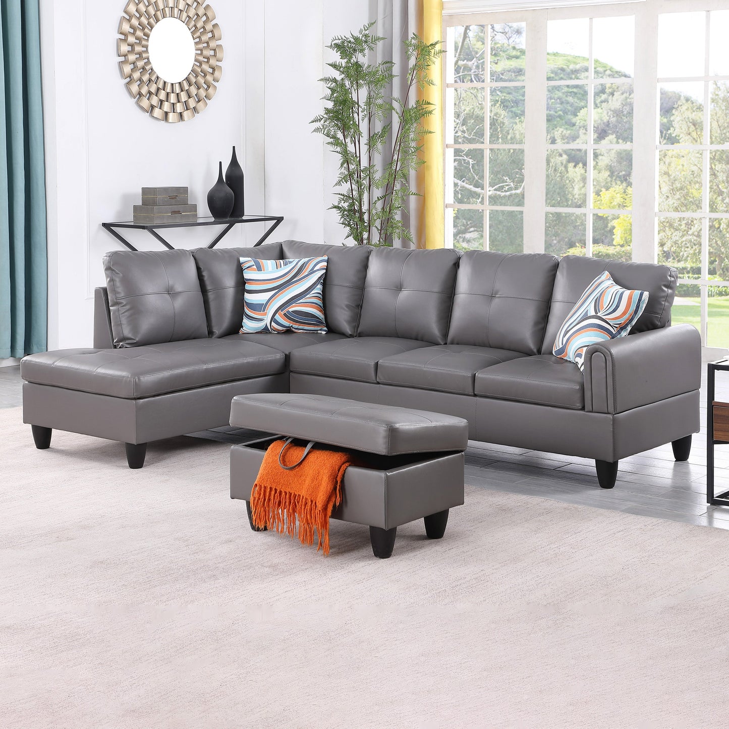 97" Wide Dark Grey Faux Leather L-Shaped Living Room Sectional Sofa Set
