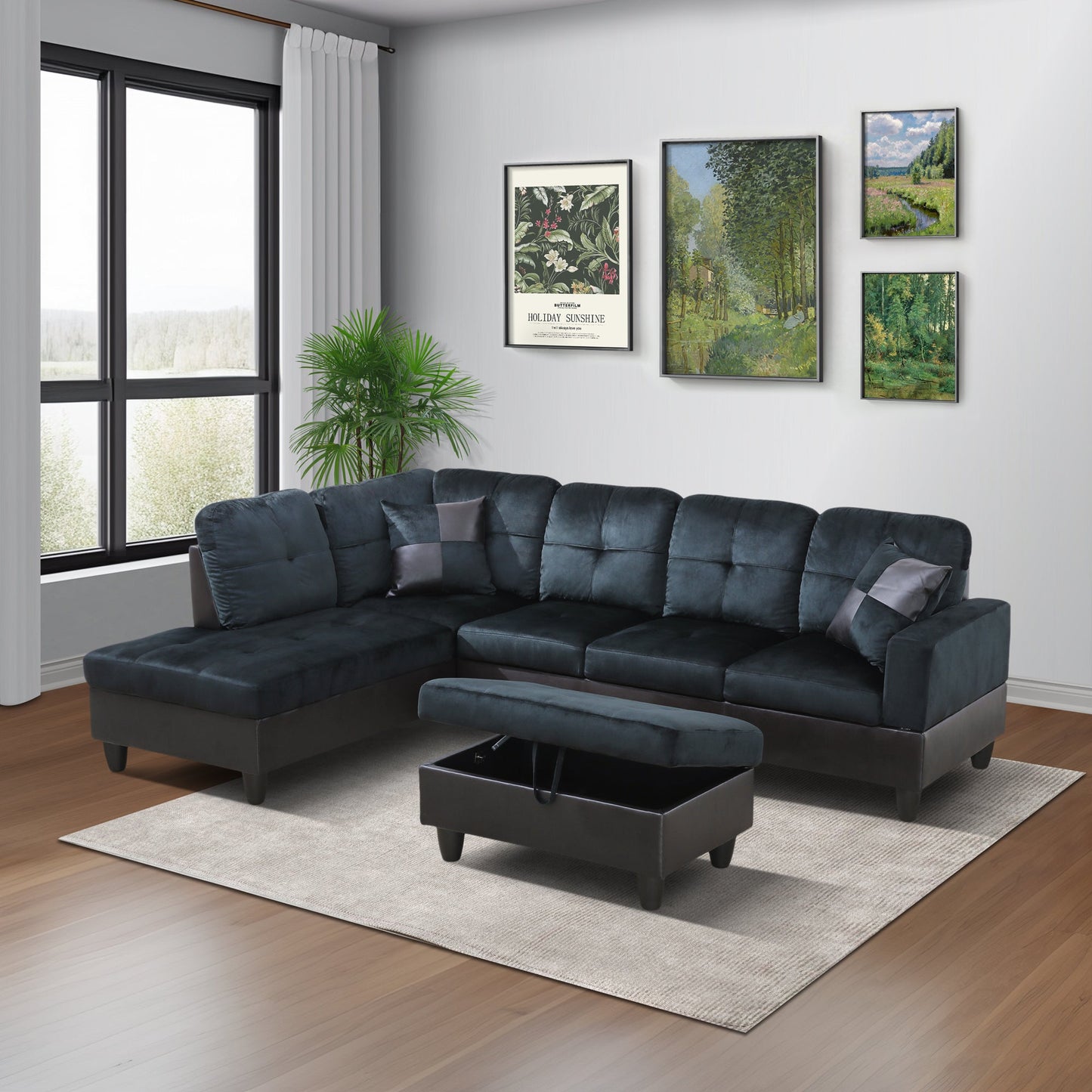 103.5" Wide Dark Blue And Brown Lint L-Shaped Living Room Sectional Sofa Set