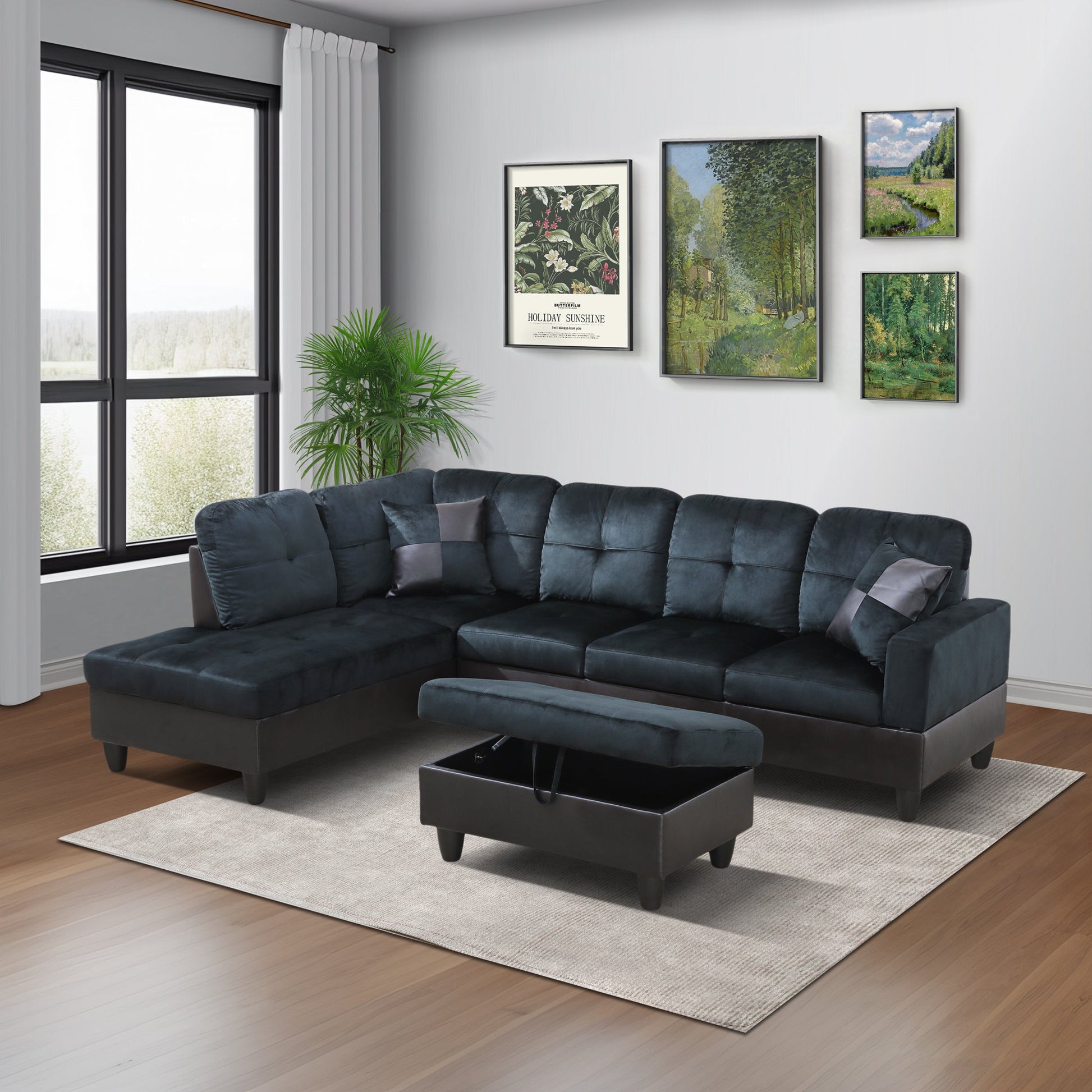103.5" Wide Dark Blue And Brown Lint L-Shaped Living Room Sectional Sofa Set