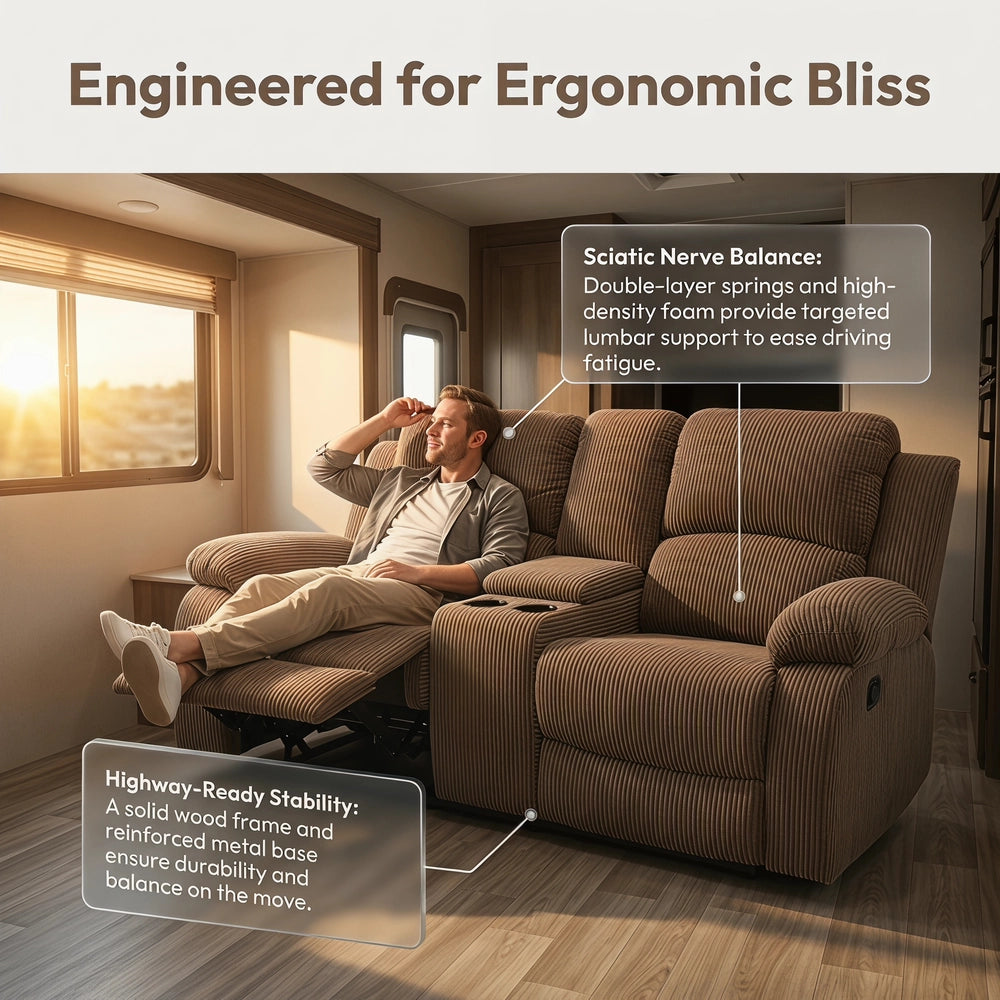 Ainehome 68" Manual RV Loveseat Recliner with Storage Console - Breathable & Mold-Proof Fabric Replacement Sofa for Class A, C Motorhomes and Travel Trailers - Dark Grey