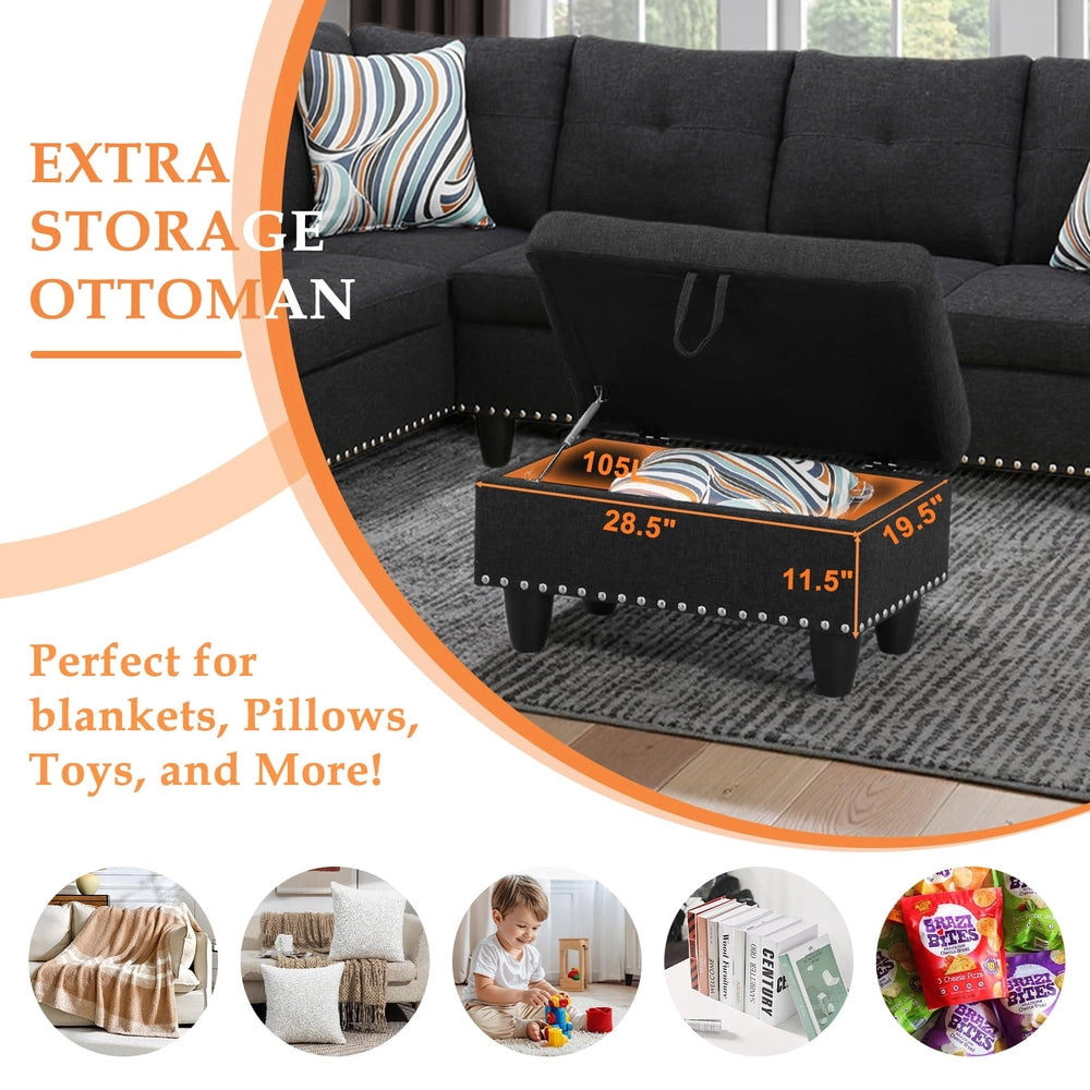 Ainehome 97.5" Wide Black Grey Linen L-Shaped Living Room Sectional Sofa Set