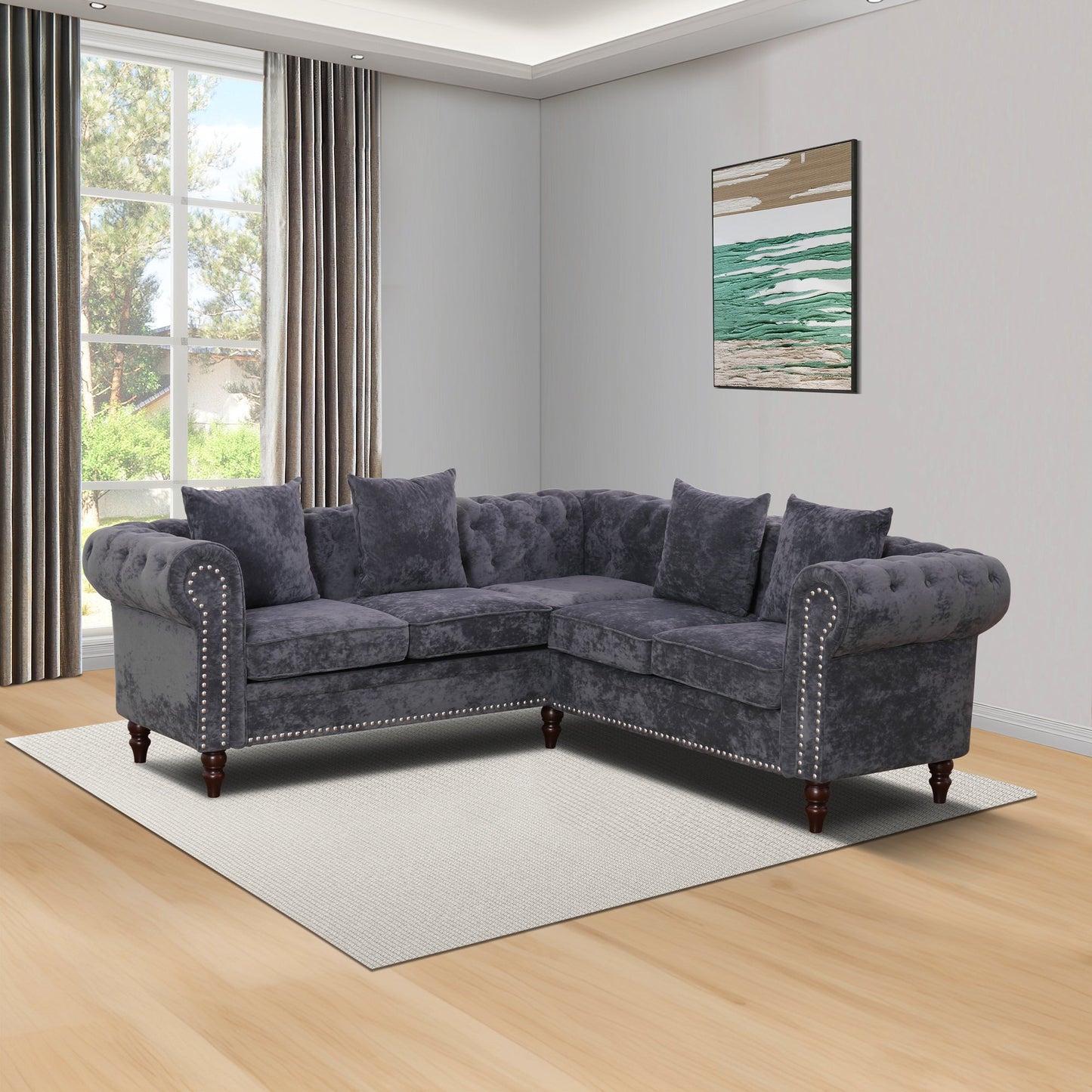 Ainehome Dark Gray Flannelette 2-Piece Sofa Set with Handcrafted Design