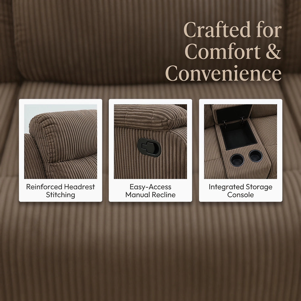 Ainehome 68" Manual RV Loveseat Recliner with Storage Console - Breathable & Mold-Proof Fabric Replacement Sofa for Class A, C Motorhomes and Travel Trailers - Dark Grey