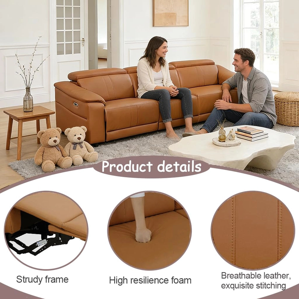 Ainehome Light Brown Leather 5-Seater Modular Power Reclining Sectional Sofa Set with Smart Storage & USB
