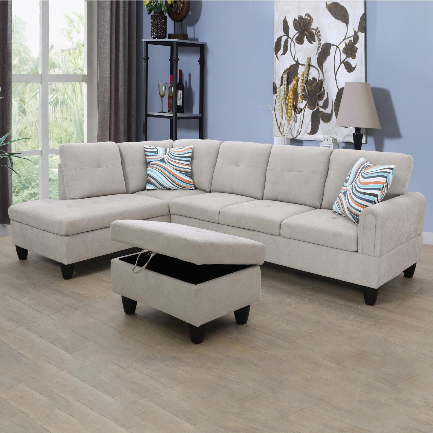 97" Wide Grey White Flannel L-Shaped Living Room Sectional Sofa Set