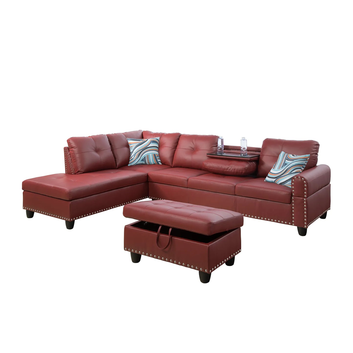 Ainehome 97.5" Wide Red Synthetic Leather L-Shaped Living Room Sectional Sofa Set