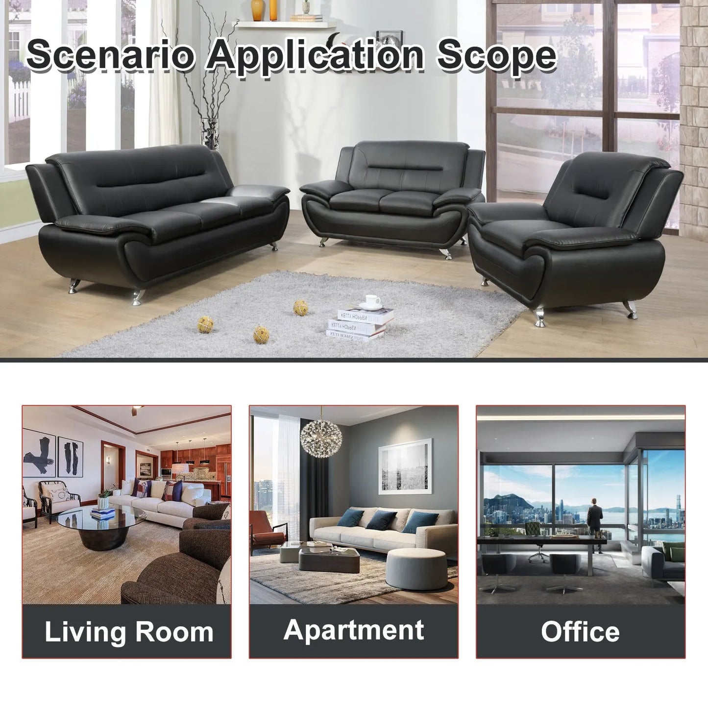 Ainehome Black Faux Leather 3-2-1 Living Room Sofa Set