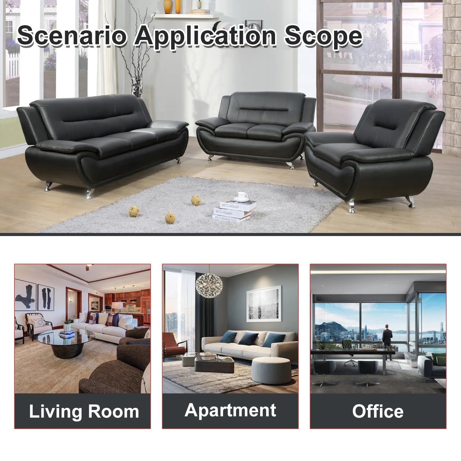 Ainehome Black Faux Leather 3-2-1 Living Room Sofa Set