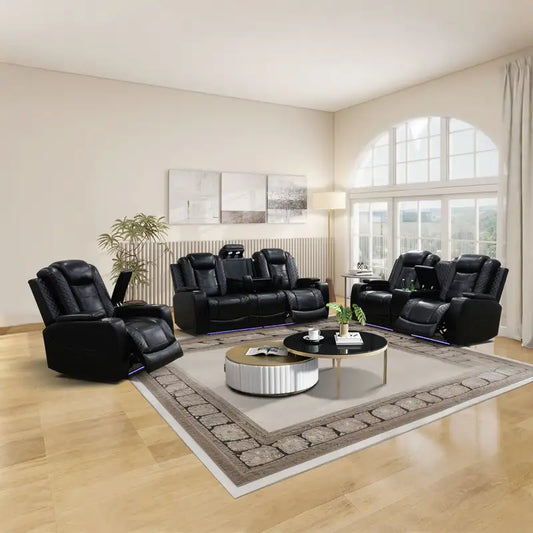 Black Leather Power Reclining Sectional Sofa with 170° Recline & Reading Lamp — Loveseat