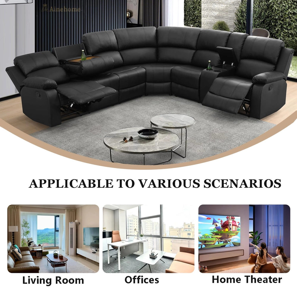Ainehome Grandview 5-Seat Reclining Sectional Sofa in Black Faux Leather